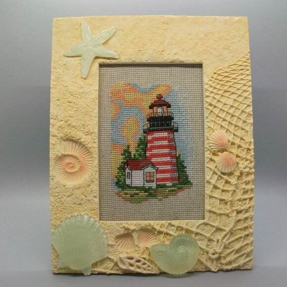 Cross Stitch Red White Stripe Lighthouse Scene in Seashell Frame - Picture 2 of 5